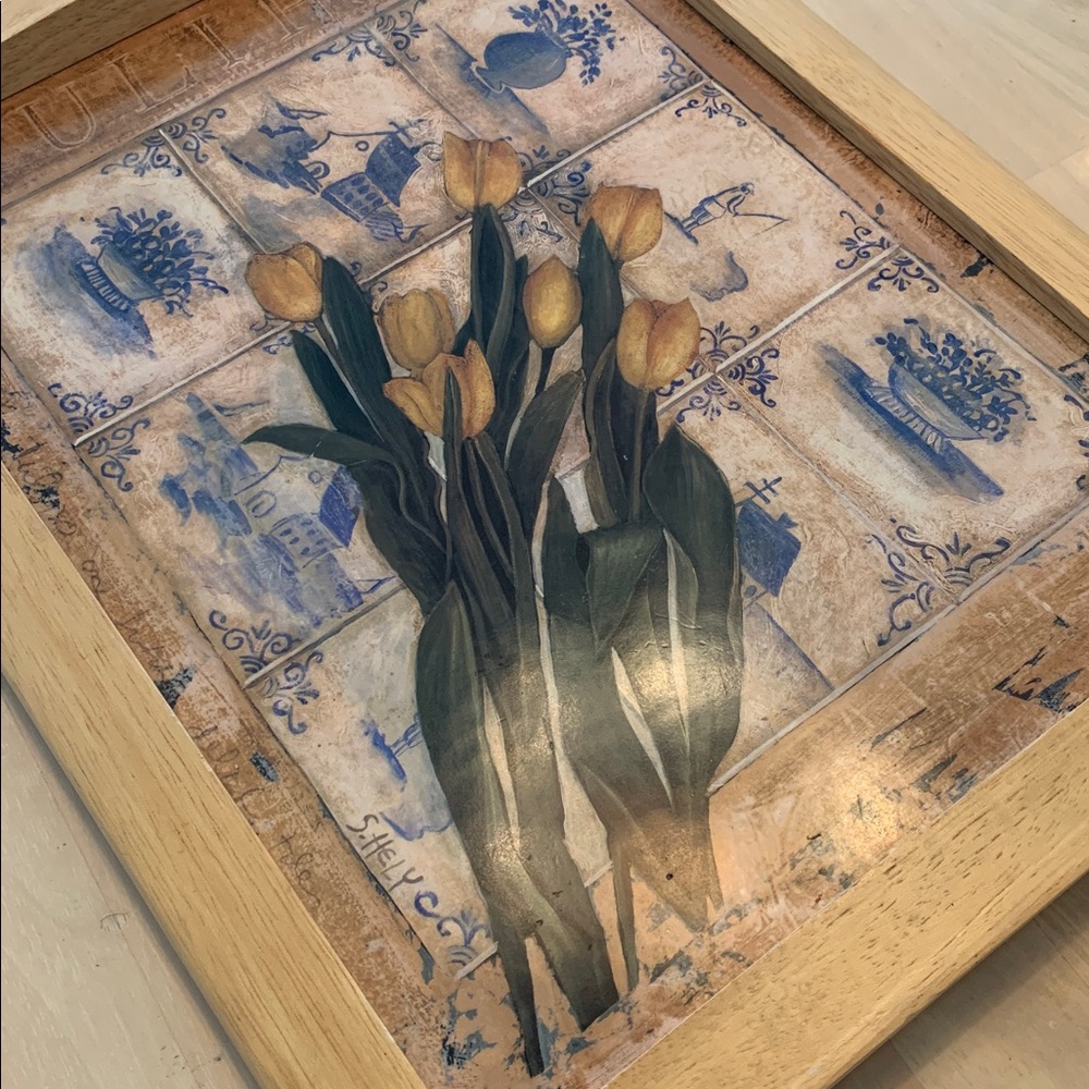 Give Mom Some Yellow Tulips Pimpernel Serving Tray Dutch Tiles 17.5” X 13.75